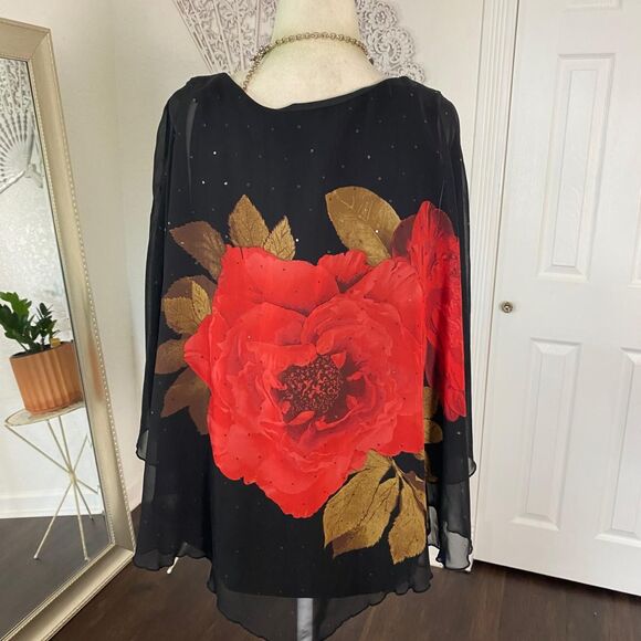 Dressbarn Whimsygoth Bat Sleeve Shawl Asymmetric Plus Size Mesh Rose Top 1X - Picture 6 of 7